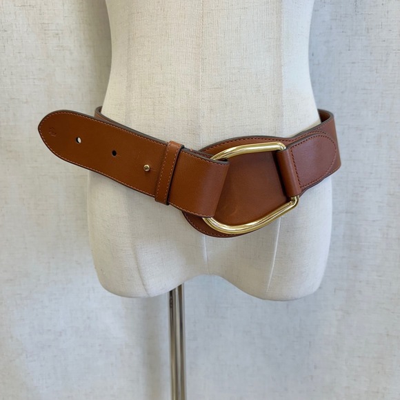 Lauren Ralph Lauren Brown Leather Wide Waist Belt Gold Stirrup Buckle Medium - Picture 6 of 12